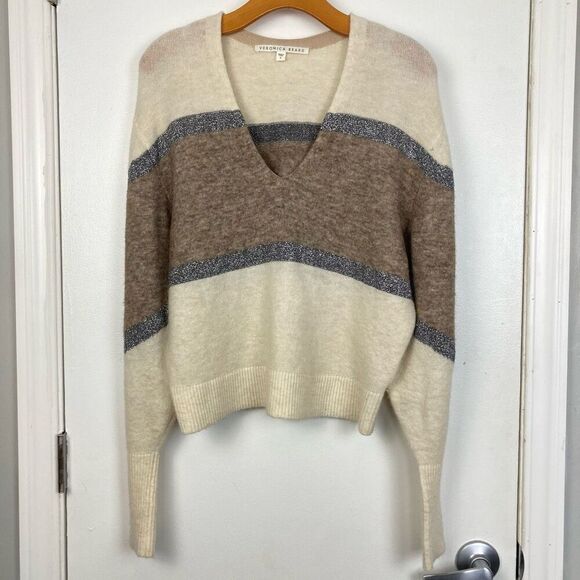 Veronica Beard Miley Colorblock V-neck Sweater Ivory Multi Metallic Relaxed sz S - Picture 2 of 9